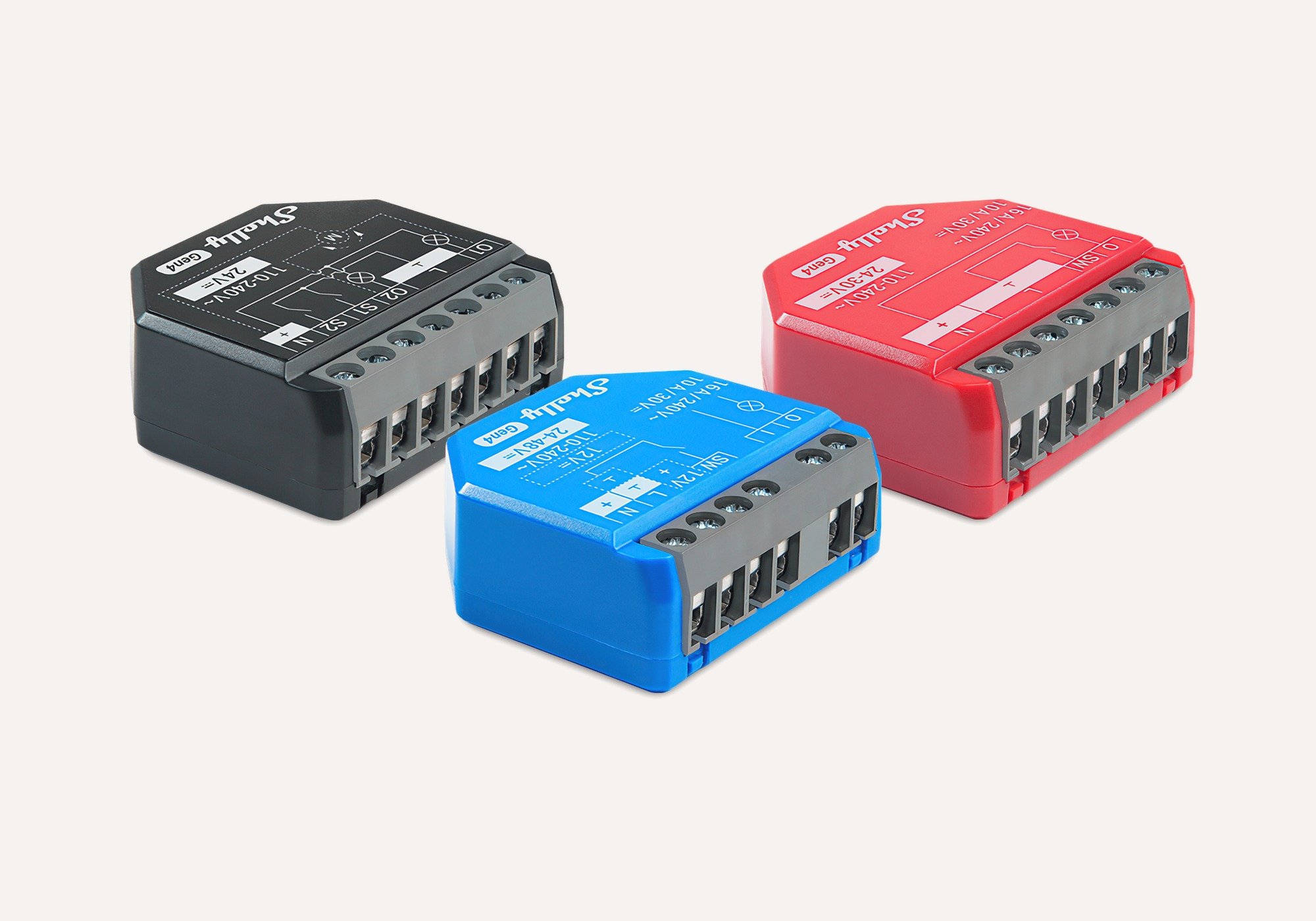 Shelly 2PM Gen4 in black, 1 Gen4 in blue and 1PM Gen4 in red smart relays