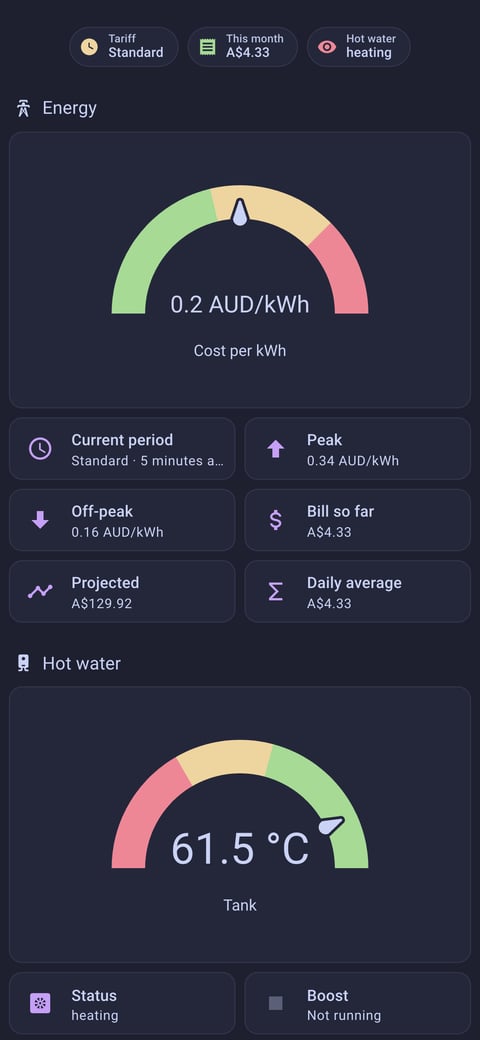 Home Assistant energy lab dashboard running the Catppuccin theme (Macchiato), on a phone