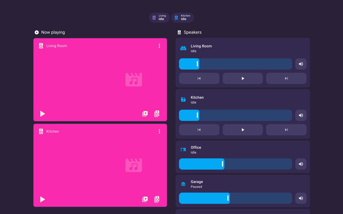 Home Assistant media lab dashboard running the Synthwave theme (Dark), on desktop