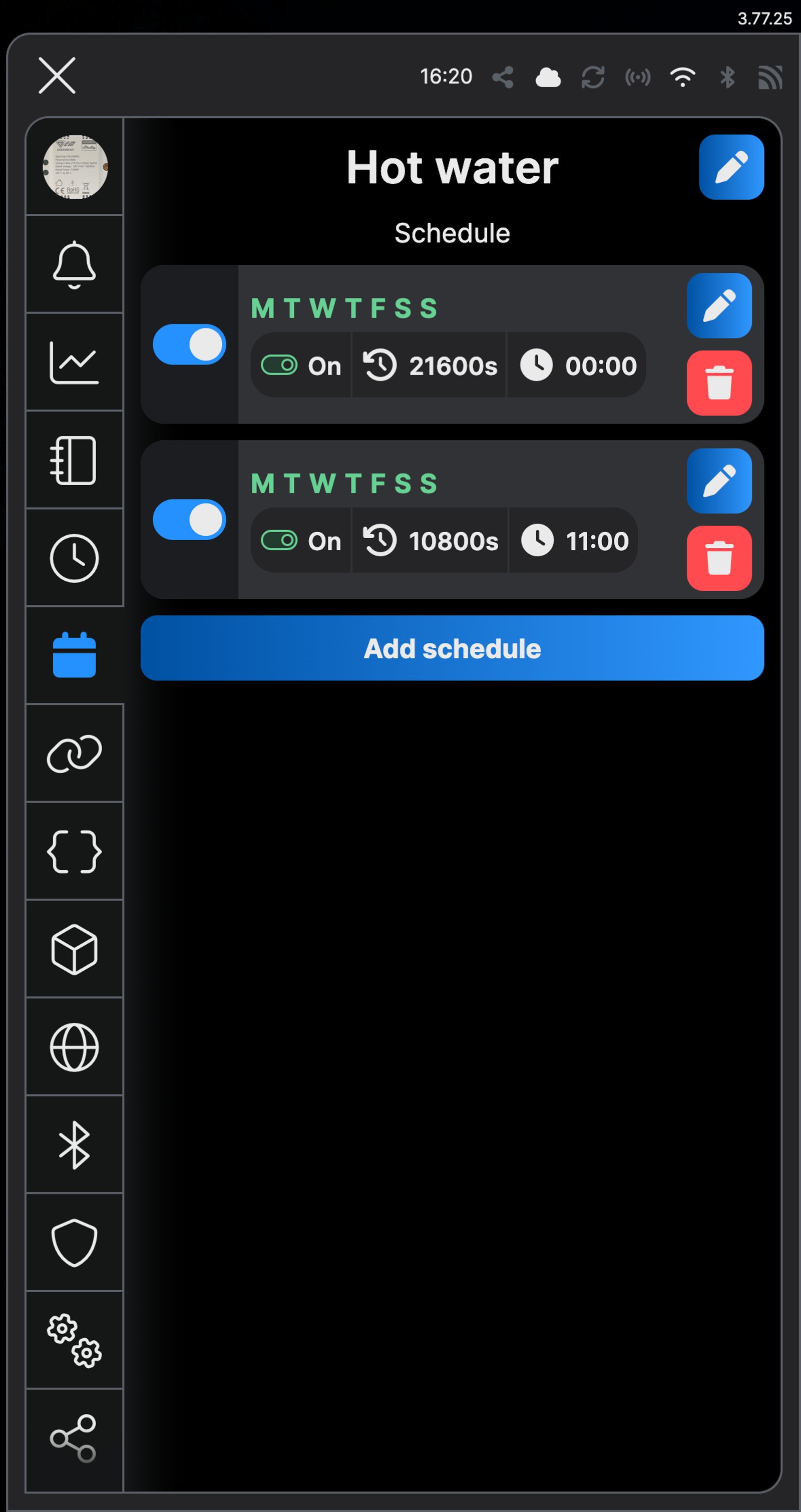 Shelly app Schedule screen for an Ogemray 25A named Hot water, with two daily schedules: On at 00:00 for 21600 seconds and On at 11:00 for 10800 seconds.