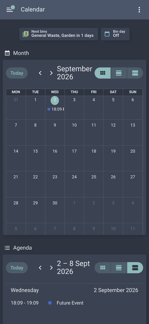 Home Assistant calendar lab dashboard running the Nordic theme (Dark), on a phone