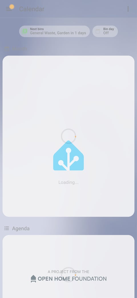 Home Assistant calendar lab dashboard running the iOS Themes theme (Light), on a phone