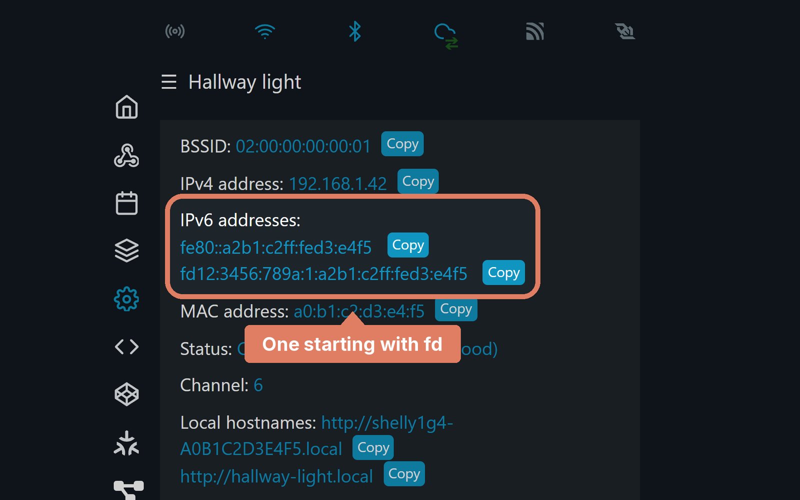 The Shelly web page's Wi-Fi status, with the IPv6 addresses marked
