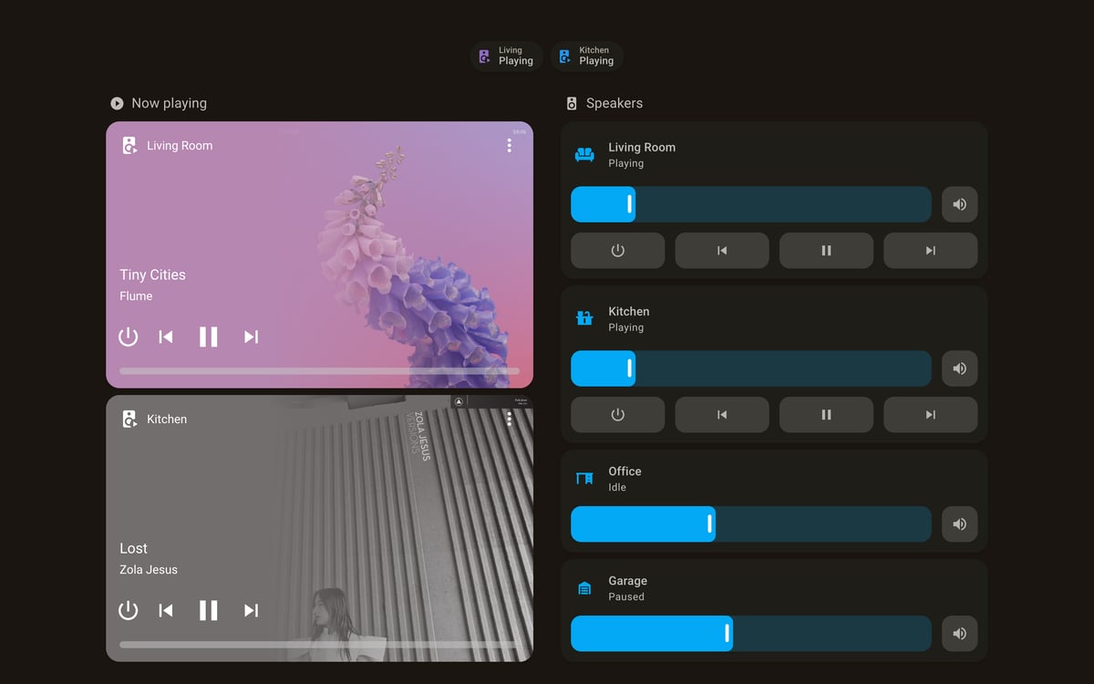 Home Assistant media lab dashboard running the Warm Burnout theme (Dark), on desktop