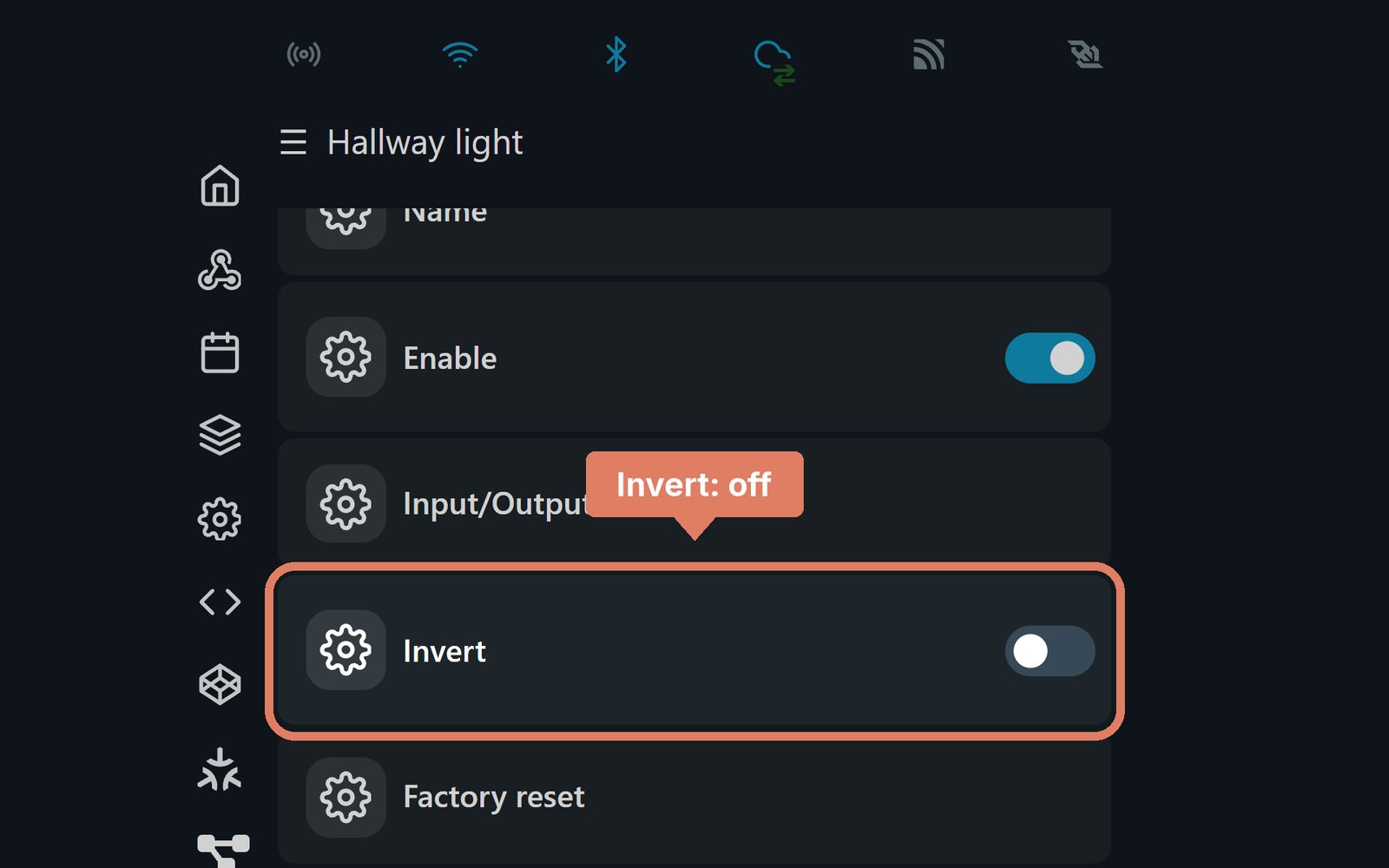 The Shelly web page's input settings, with Invert marked and switched off