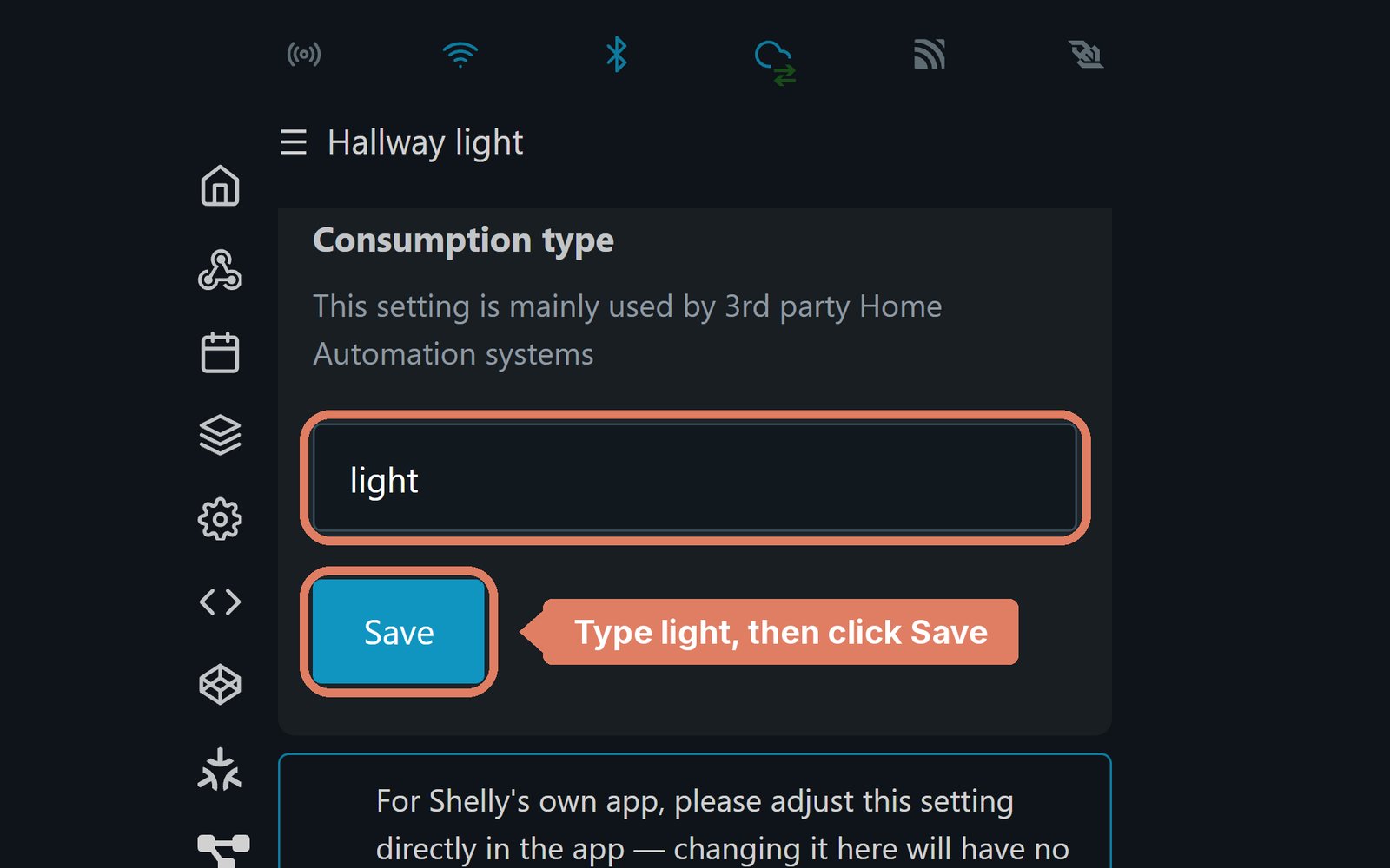 The Shelly web page's Consumption type setting, with light typed in and the Save button marked