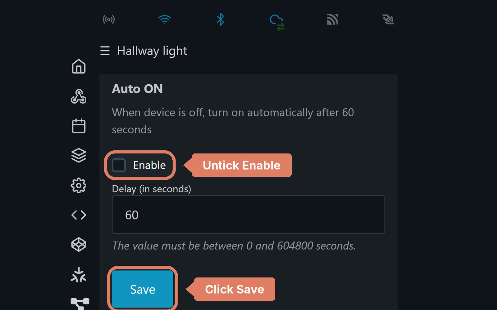 The Shelly web page's Auto ON timer, with Enable unticked and the Save button marked