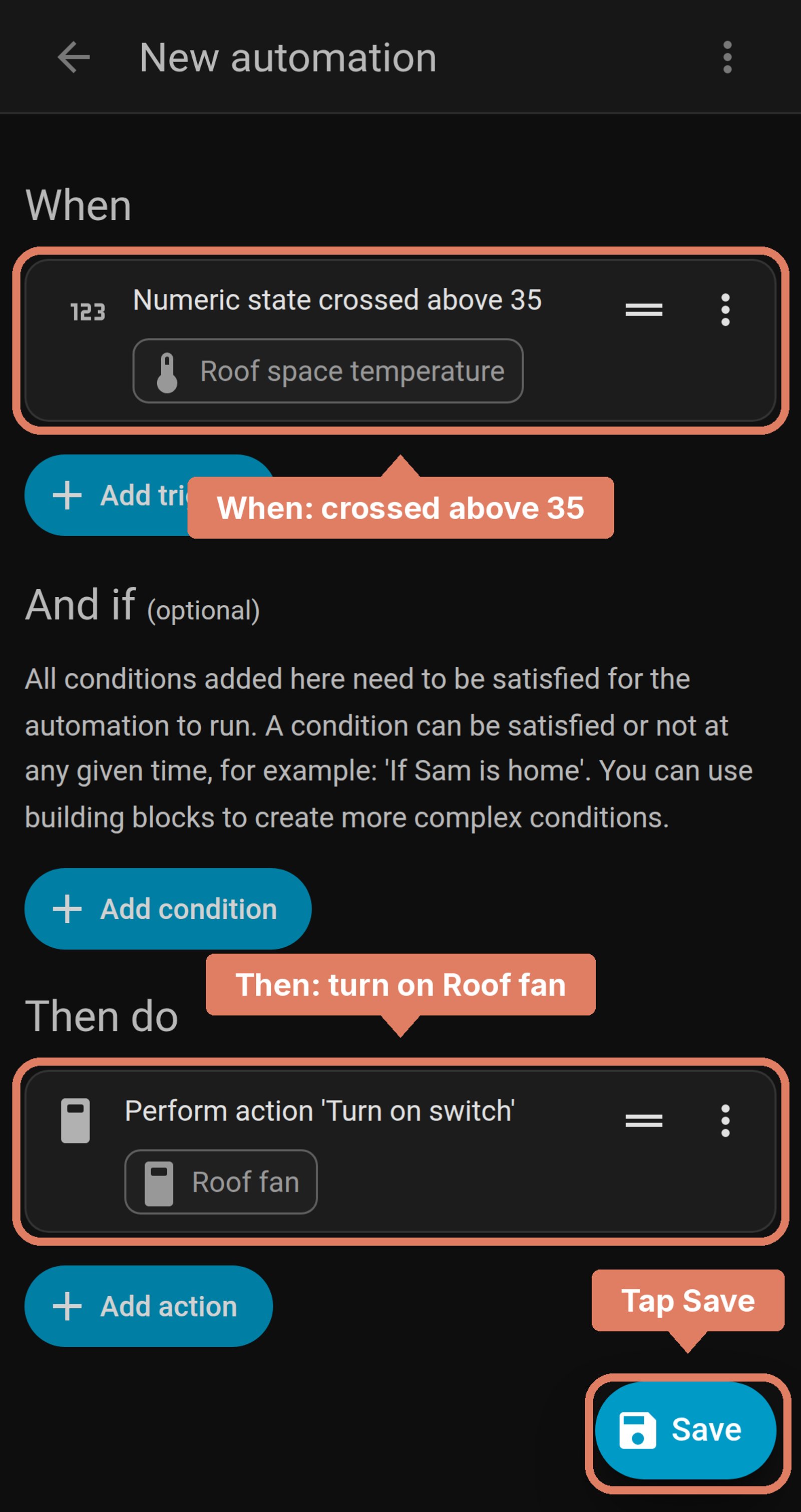 Home Assistant new automation before saving: when Roof space temperature crosses above 35, turn on Roof fan, with the trigger and action labelled and Save marked.