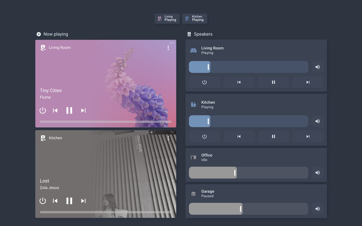 Home Assistant media lab dashboard running the Nordic theme (Dark), on desktop