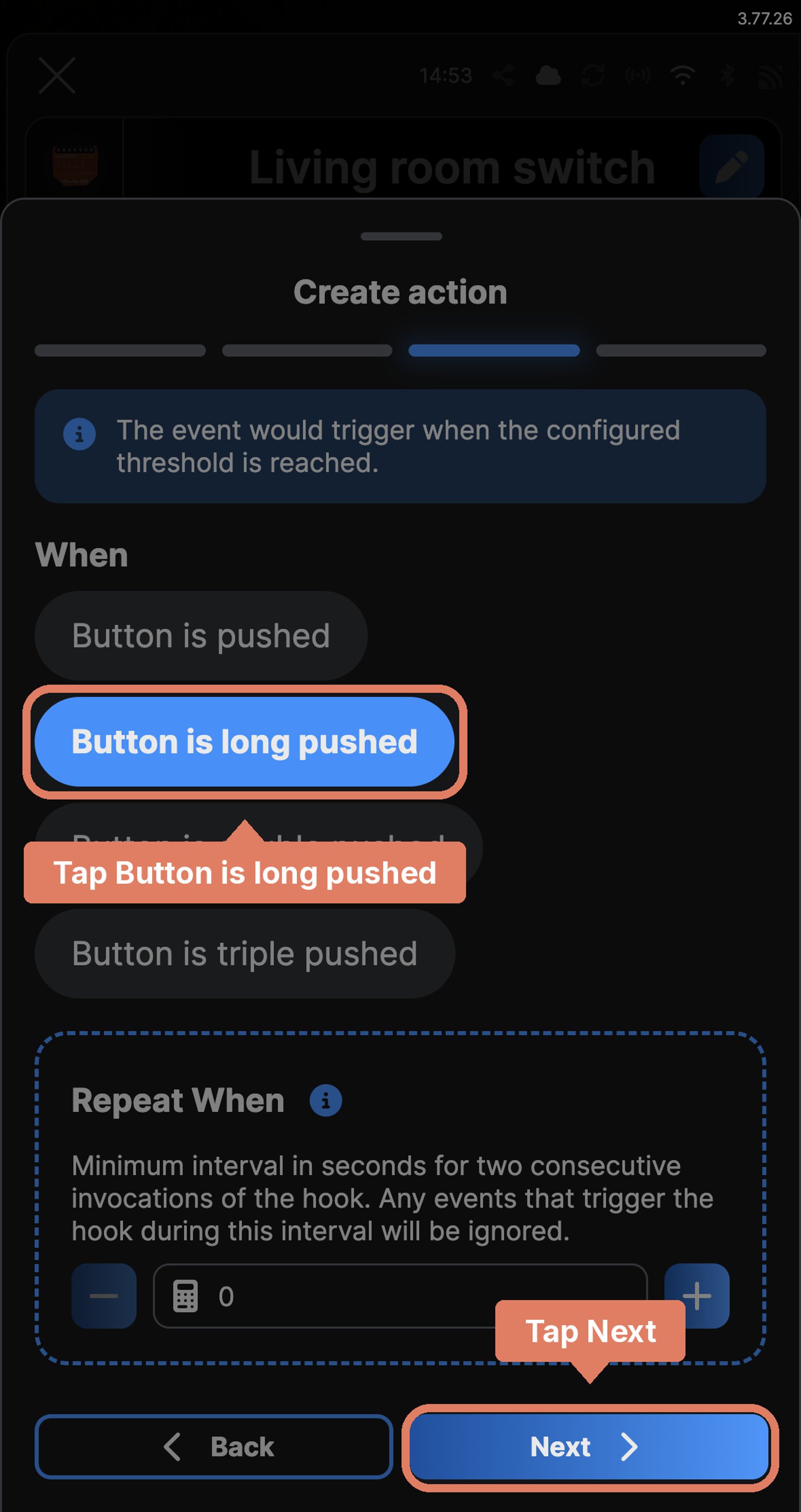 Shelly app Create action at the When step with Button is long pushed chosen, and Next marked.