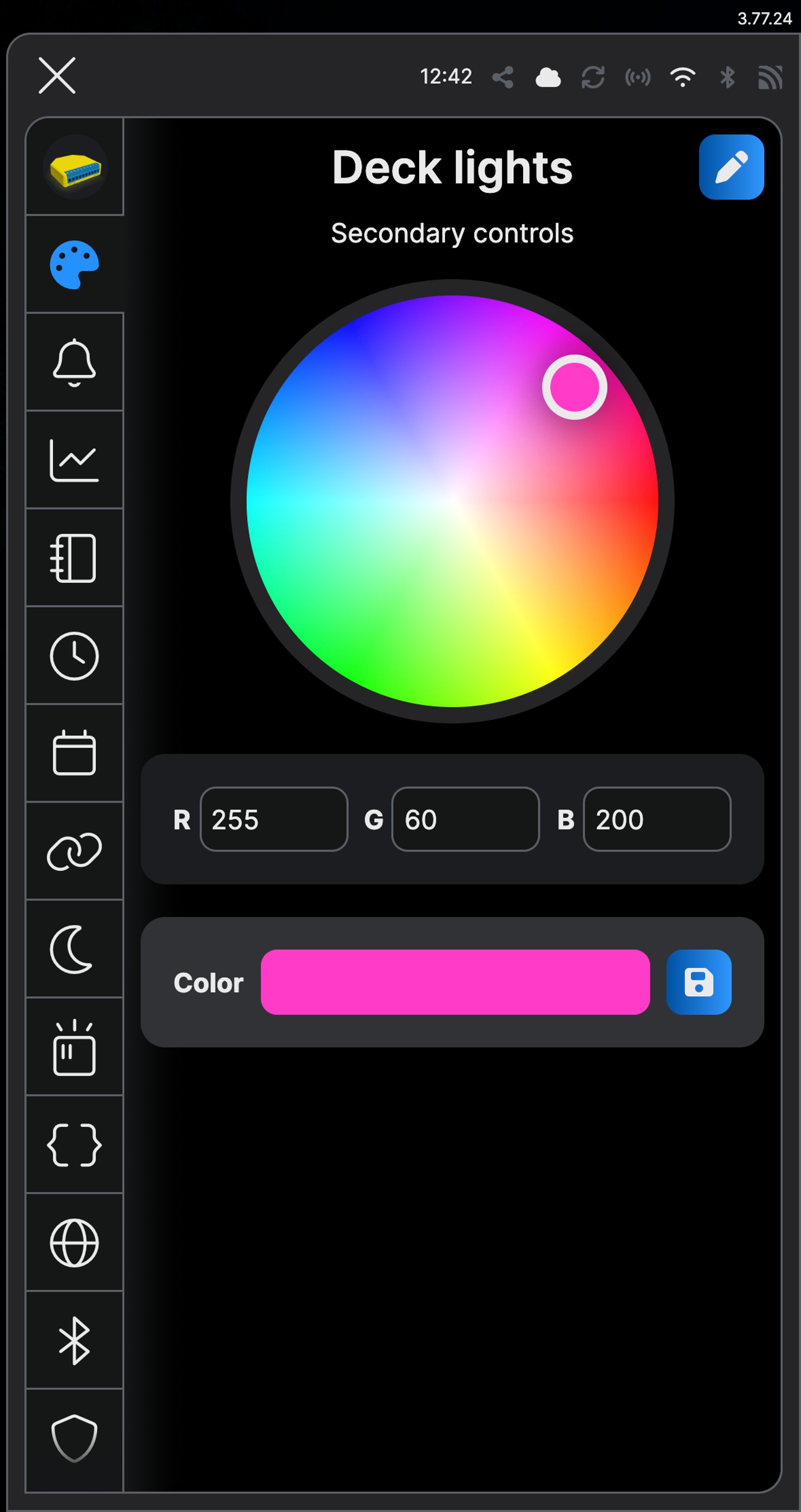 Shelly app colour wheel for Deck lights, with pink selected.