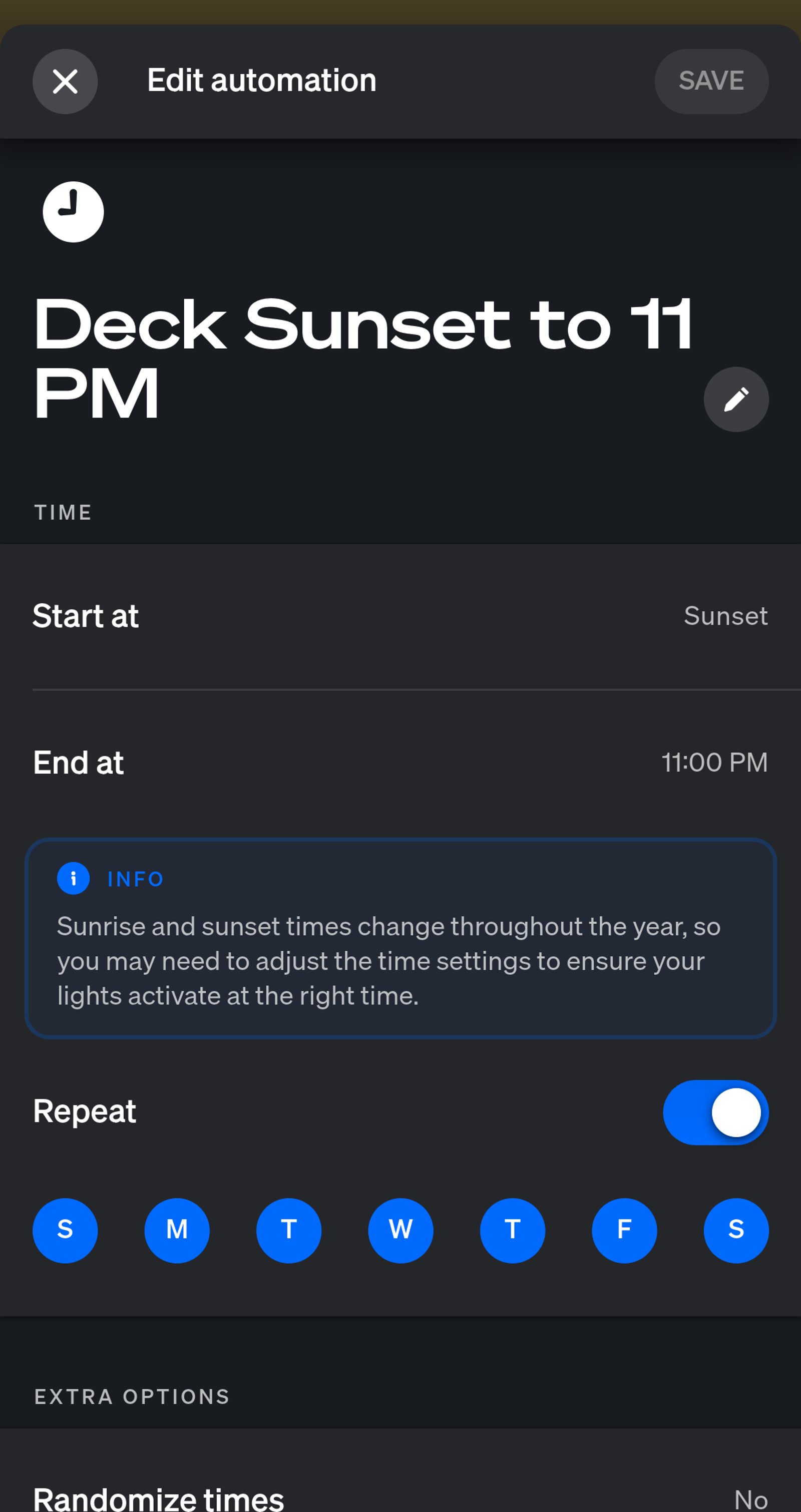 Philips Hue app automation Deck Sunset to 11 PM, starting at sunset and ending at 11:00 PM, repeating every day.