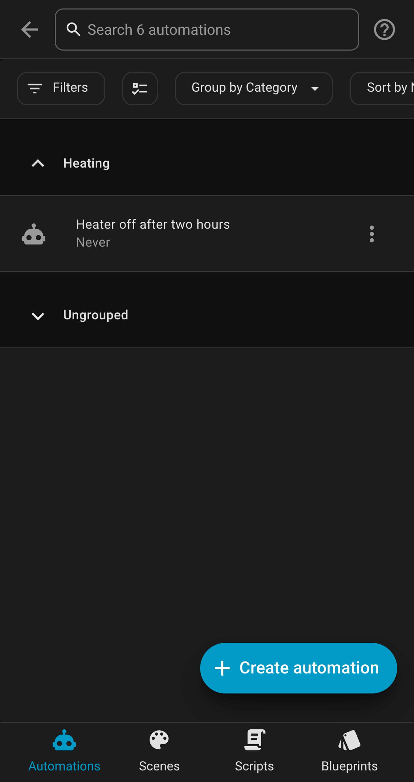 Home Assistant automations list showing Heater off after two hours in a Heating group.