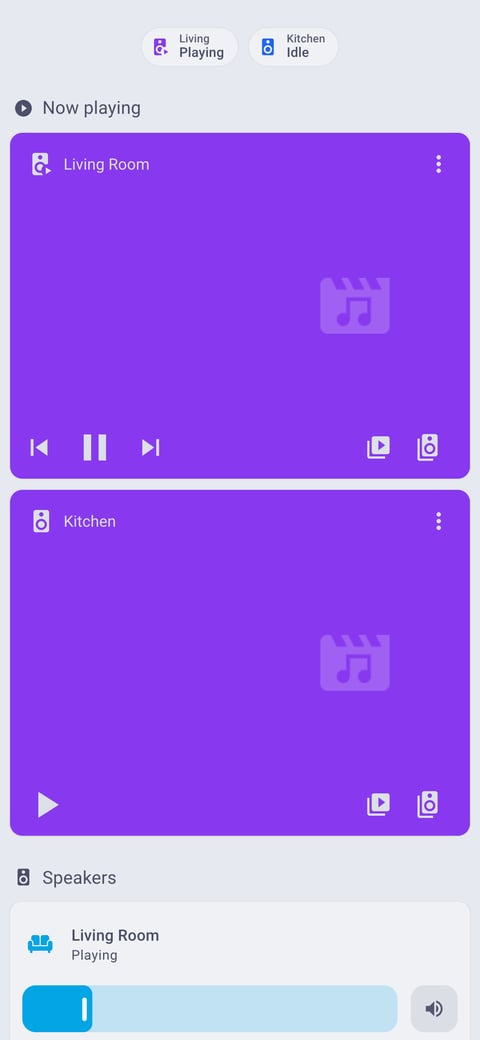 Home Assistant media lab dashboard running the Catppuccin theme (Latte), on a phone