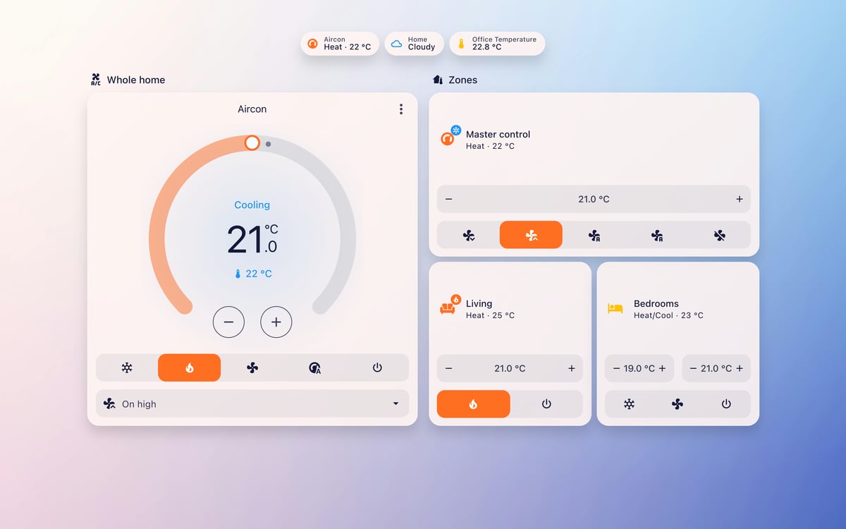 Home Assistant aircon lab dashboard running the Frosted Glass theme (Lite light), on desktop