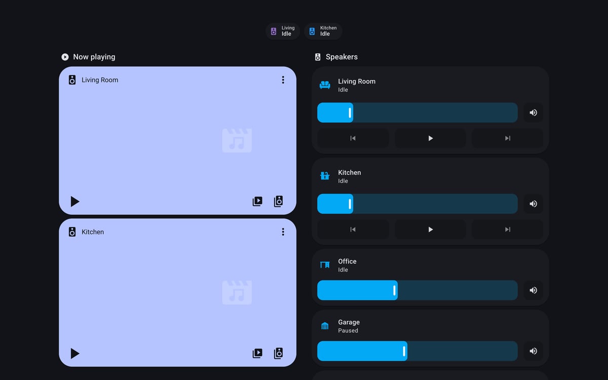 Home Assistant media lab dashboard running the Material You theme (Dark), on desktop