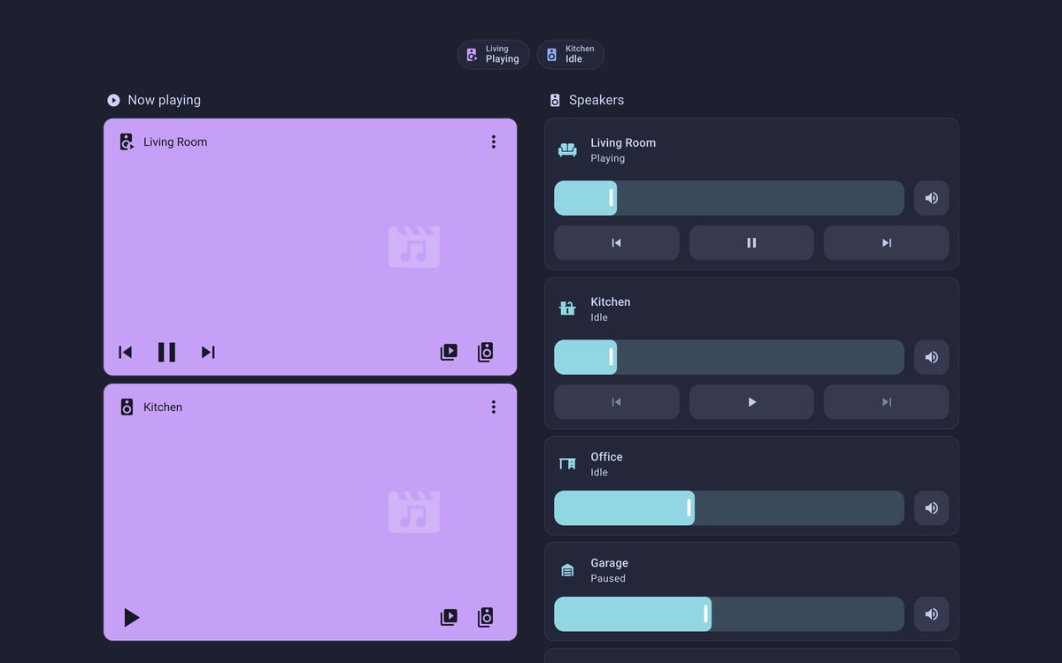 Home Assistant media lab dashboard running the Catppuccin theme (Macchiato), on desktop