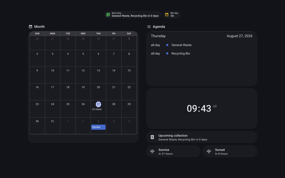 Home Assistant calendar lab dashboard running the Material You theme (Dark), on desktop