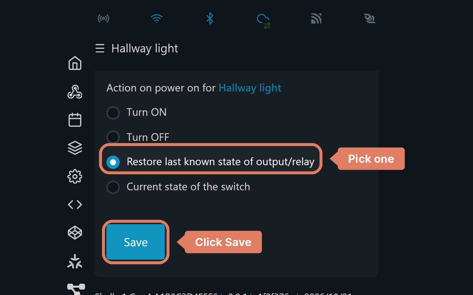 The Shelly web page's Action on power on options, with Restore last known state of output/relay picked and the Save button marked