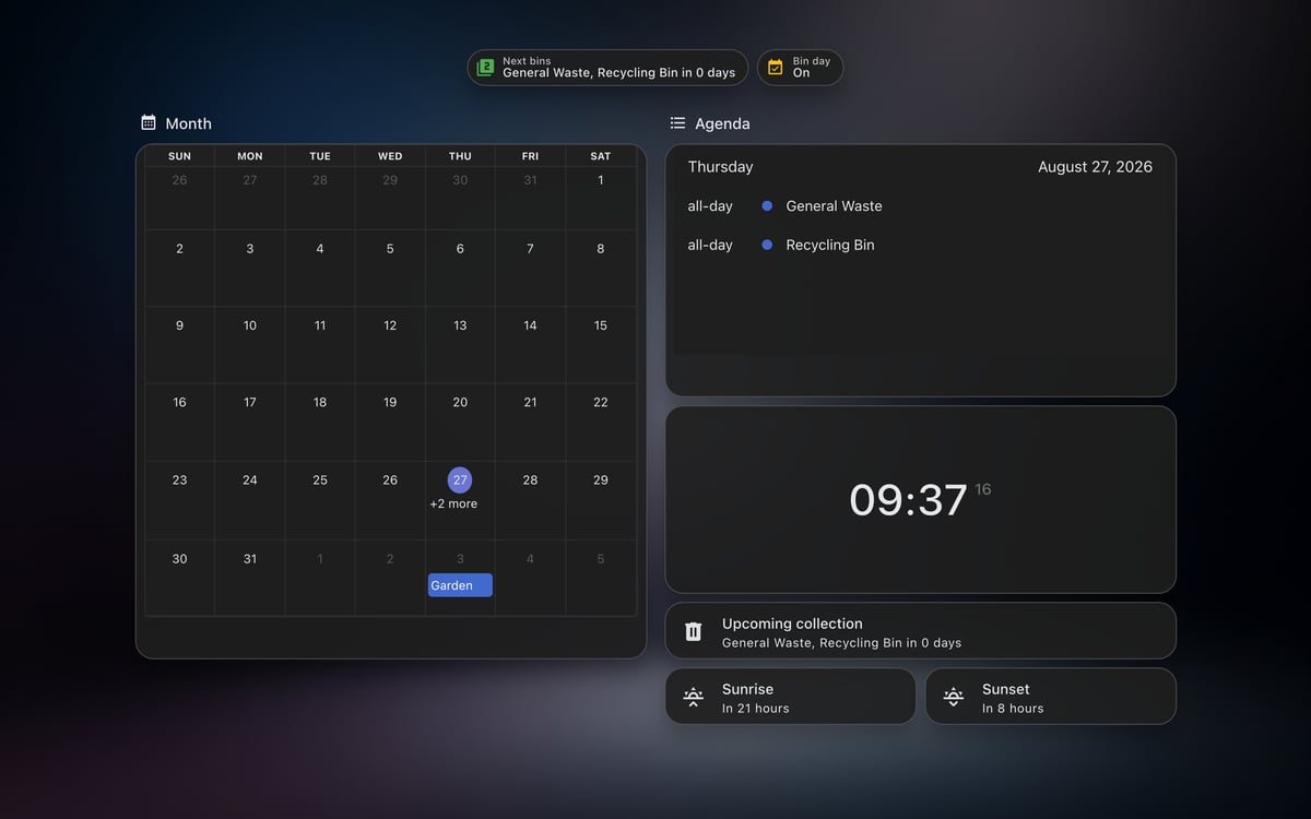 Home Assistant calendar lab dashboard running the Frosted Glass theme (Dark), on desktop