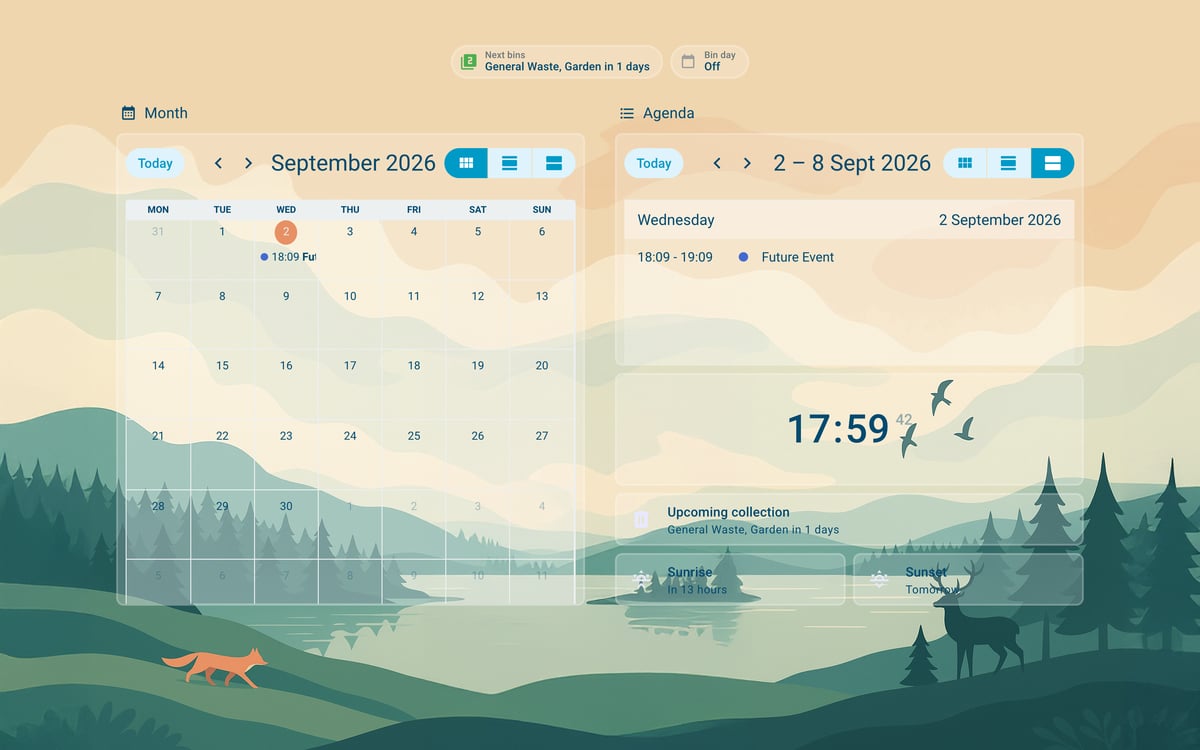 Home Assistant calendar lab dashboard running the Simple Dreams theme (Light), on desktop
