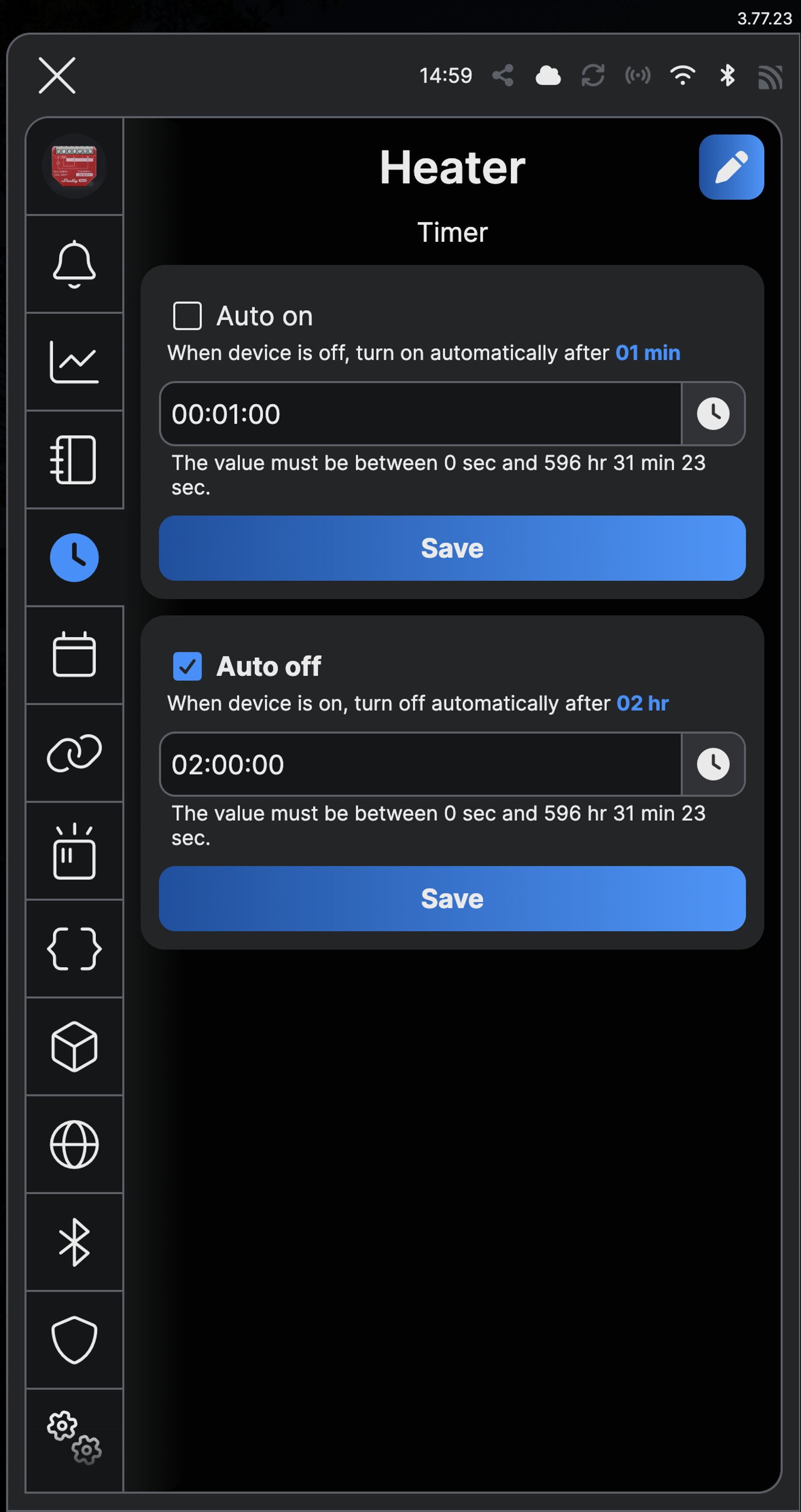 Shelly app timer screen for a device named Heater, with auto off set to two hours.