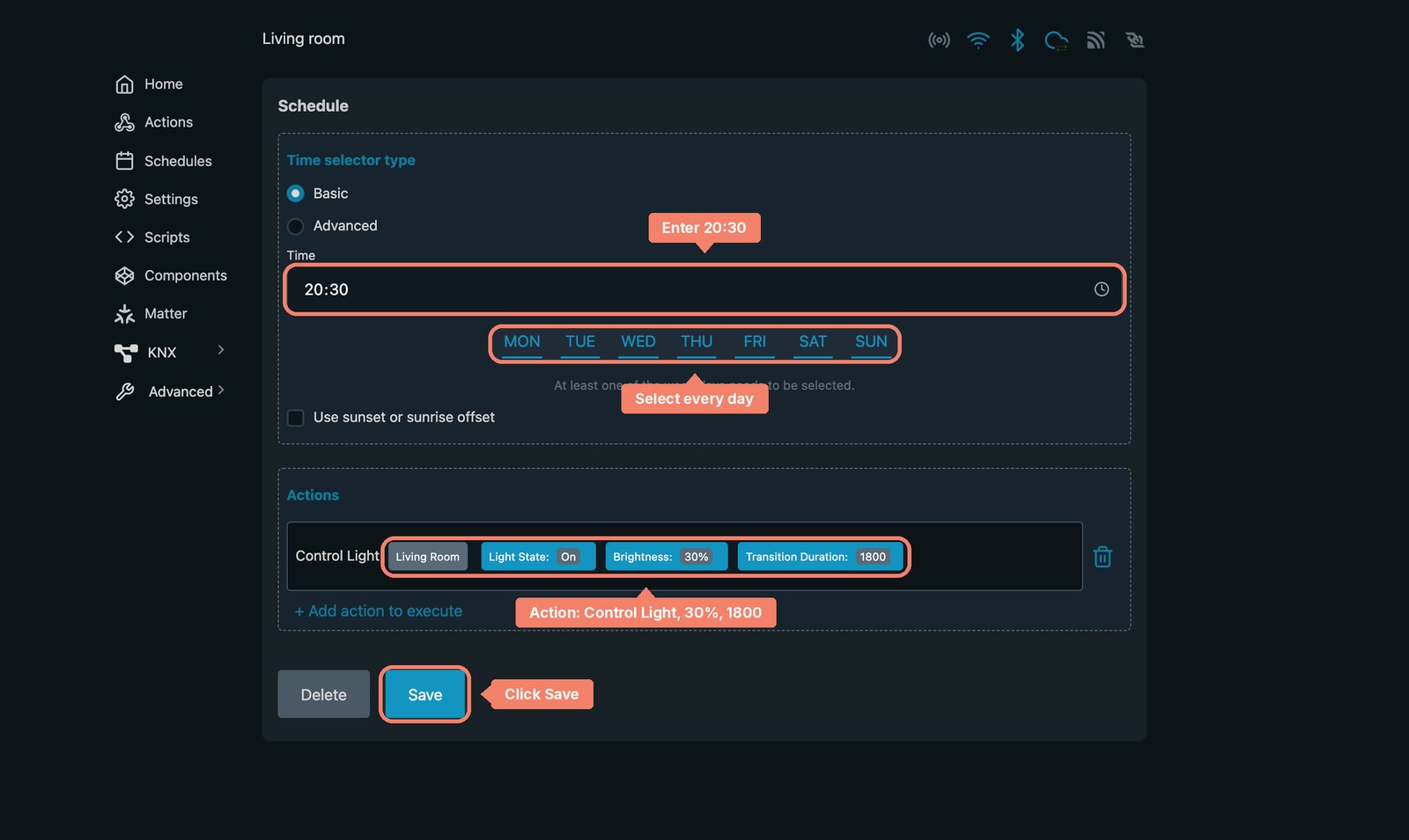 Shelly local web interface schedule for Living room at 20:30 every day, with the time, the days, the Control Light action and Save marked.