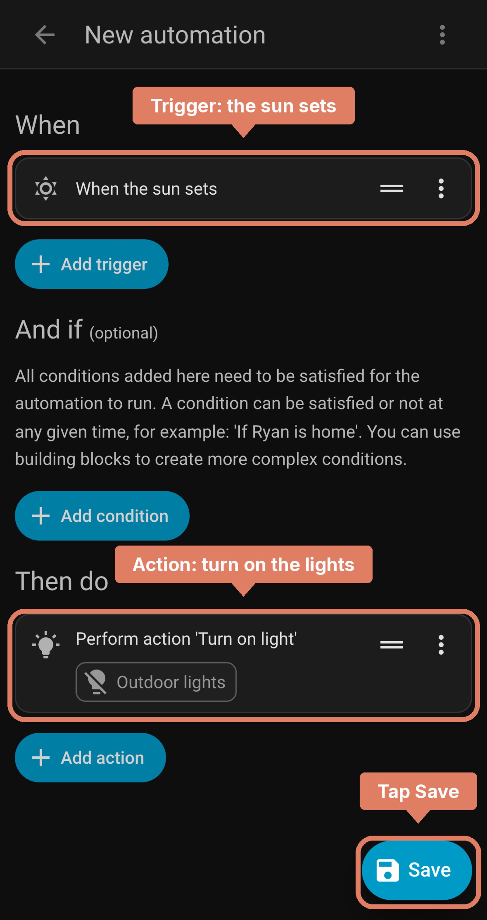 Home Assistant new automation before saving: when the sun sets, turn on Outdoor lights, with the trigger and action labelled and Save marked.