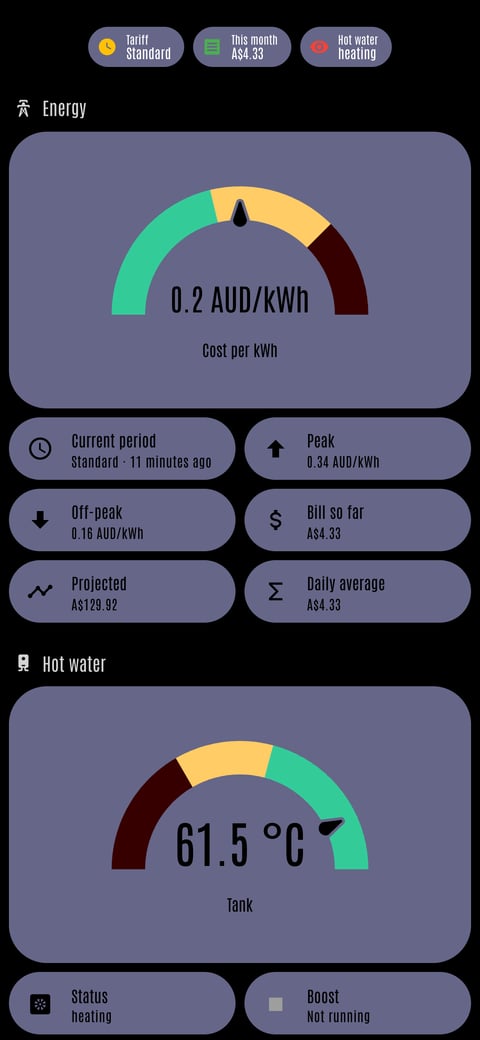 Home Assistant energy lab dashboard running the LCARS theme (Default), on a phone