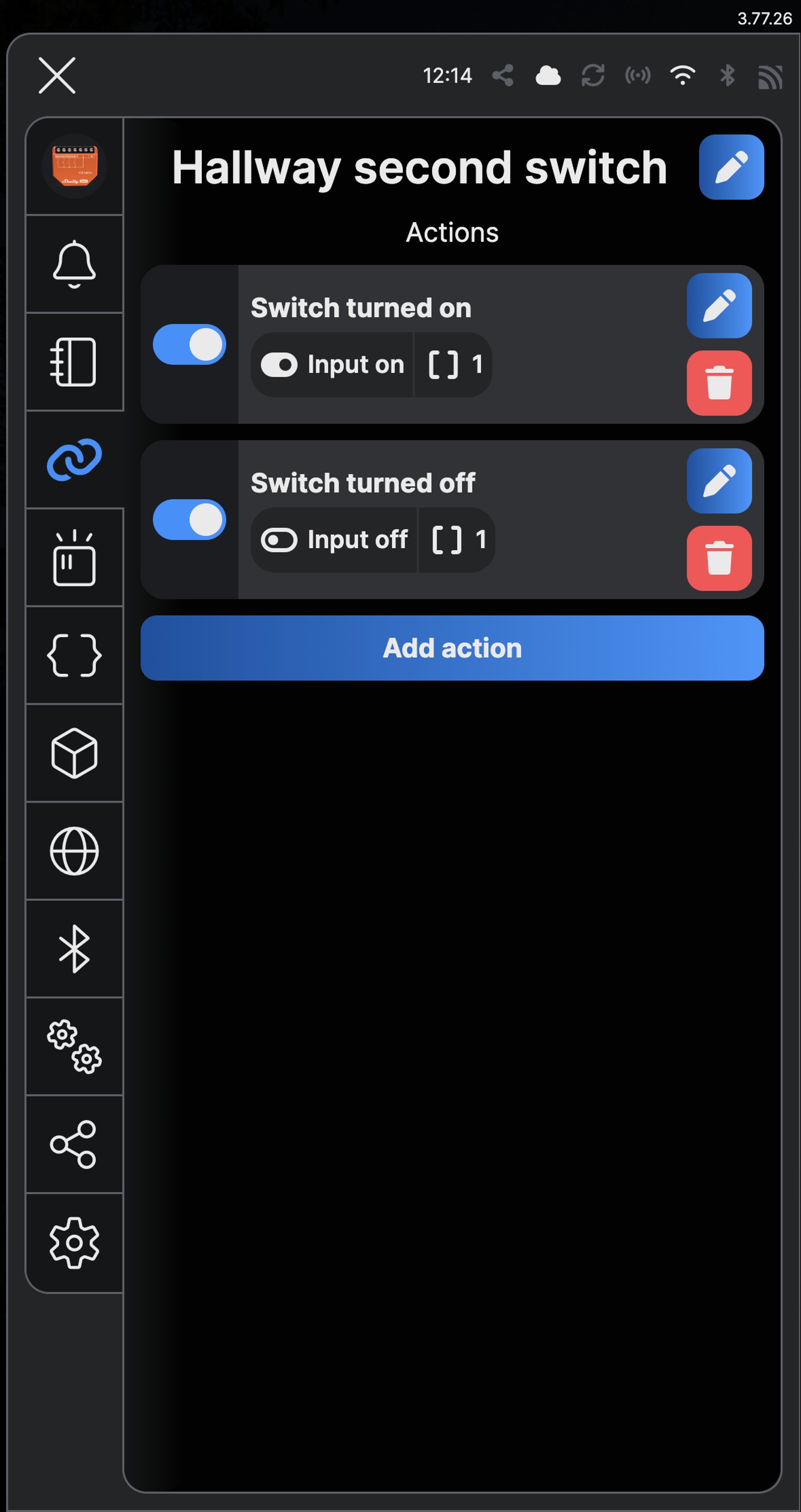 Shelly app Actions screen for Hallway second switch, listing Switch turned on and Switch turned off, both enabled.
