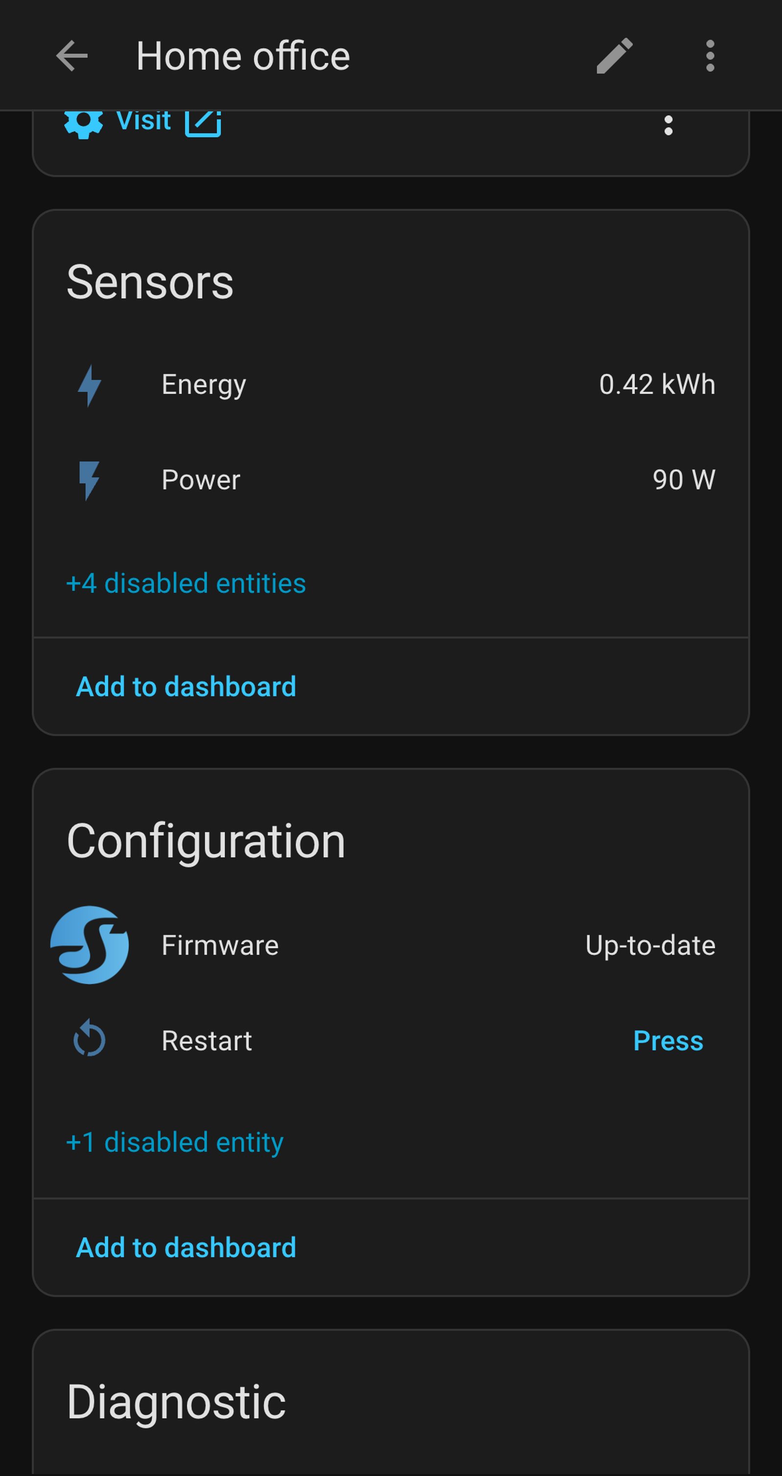 Home Assistant device page for Home office, with its Energy sensor at 0.42 kWh and Power at 90 W.