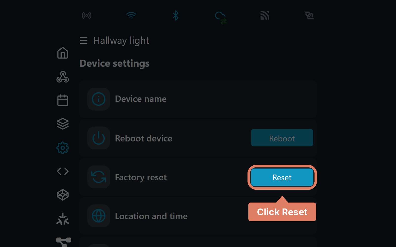 The Shelly web page's Device settings, with the Factory reset row's Reset button marked