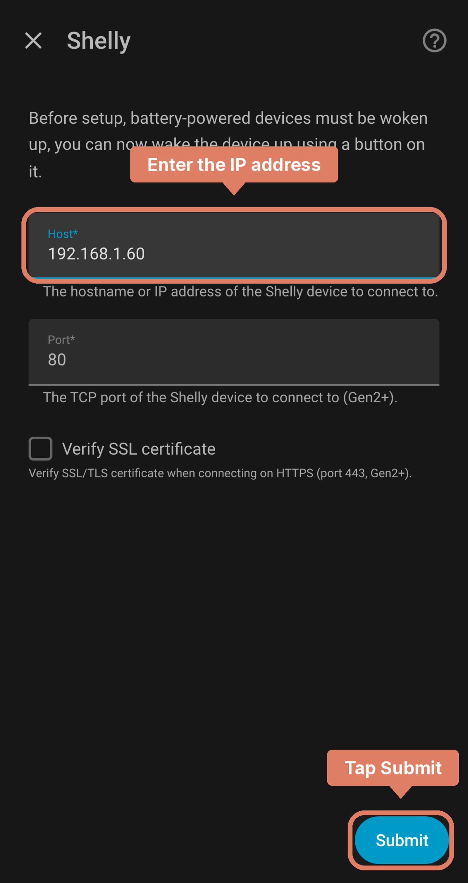 Home Assistant Shelly integration setup form with the host set to 192.168.1.60 and port 80, and the host field and Submit button marked.