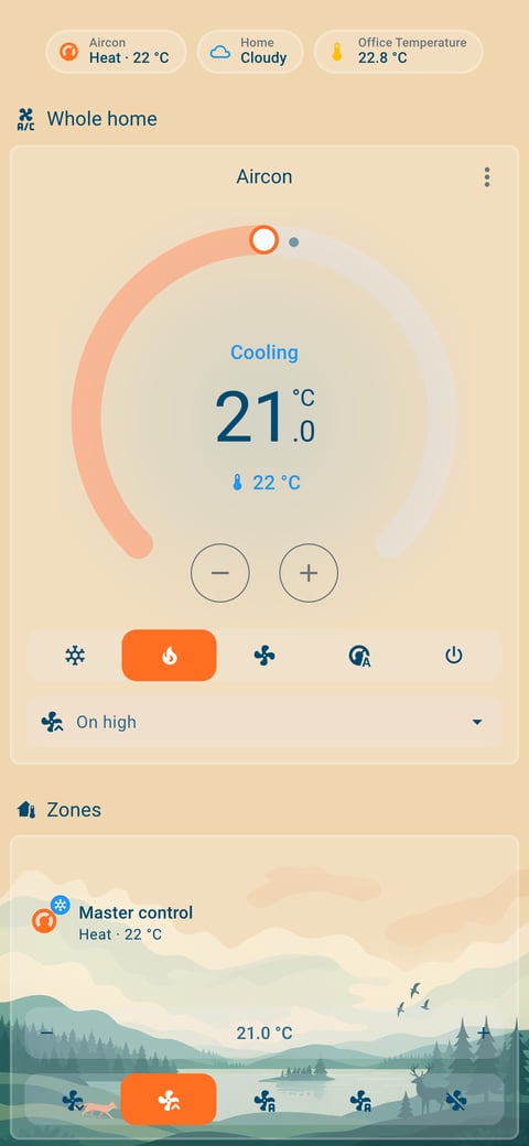 Home Assistant aircon lab dashboard running the Simple Dreams theme (Light), on a phone