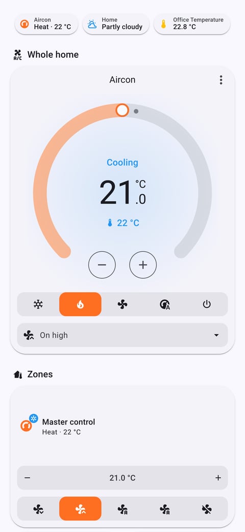 Home Assistant aircon lab dashboard running the Material You theme (Light), on a phone