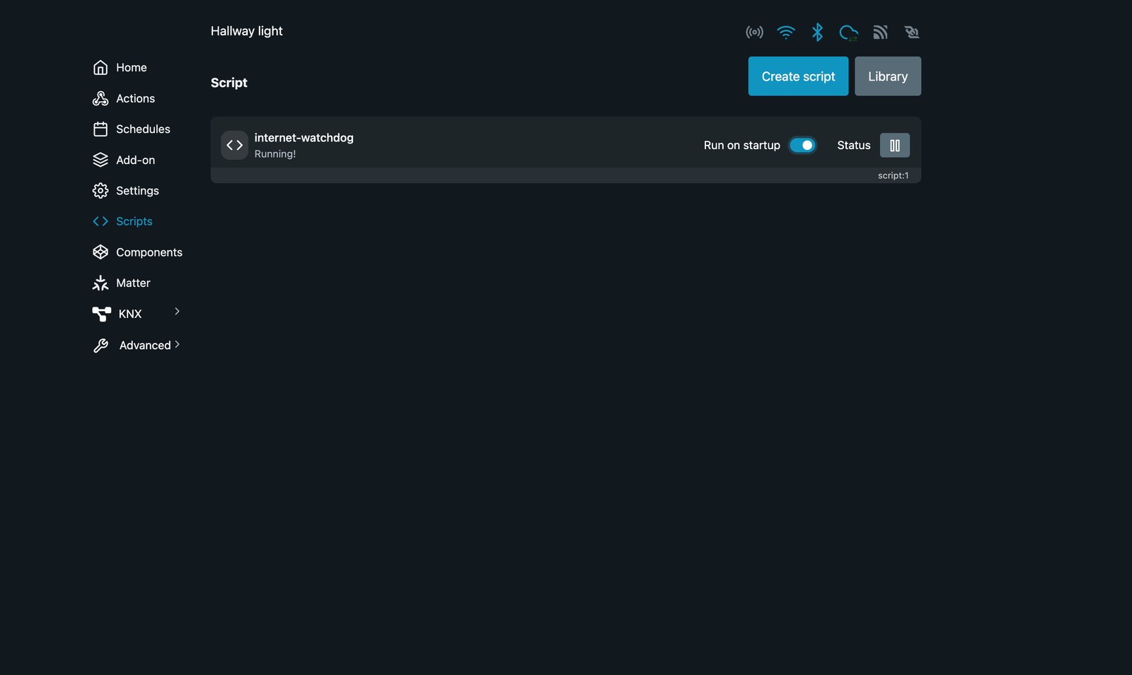 Shelly web interface Scripts list showing internet-watchdog as Running! with Run on startup turned on