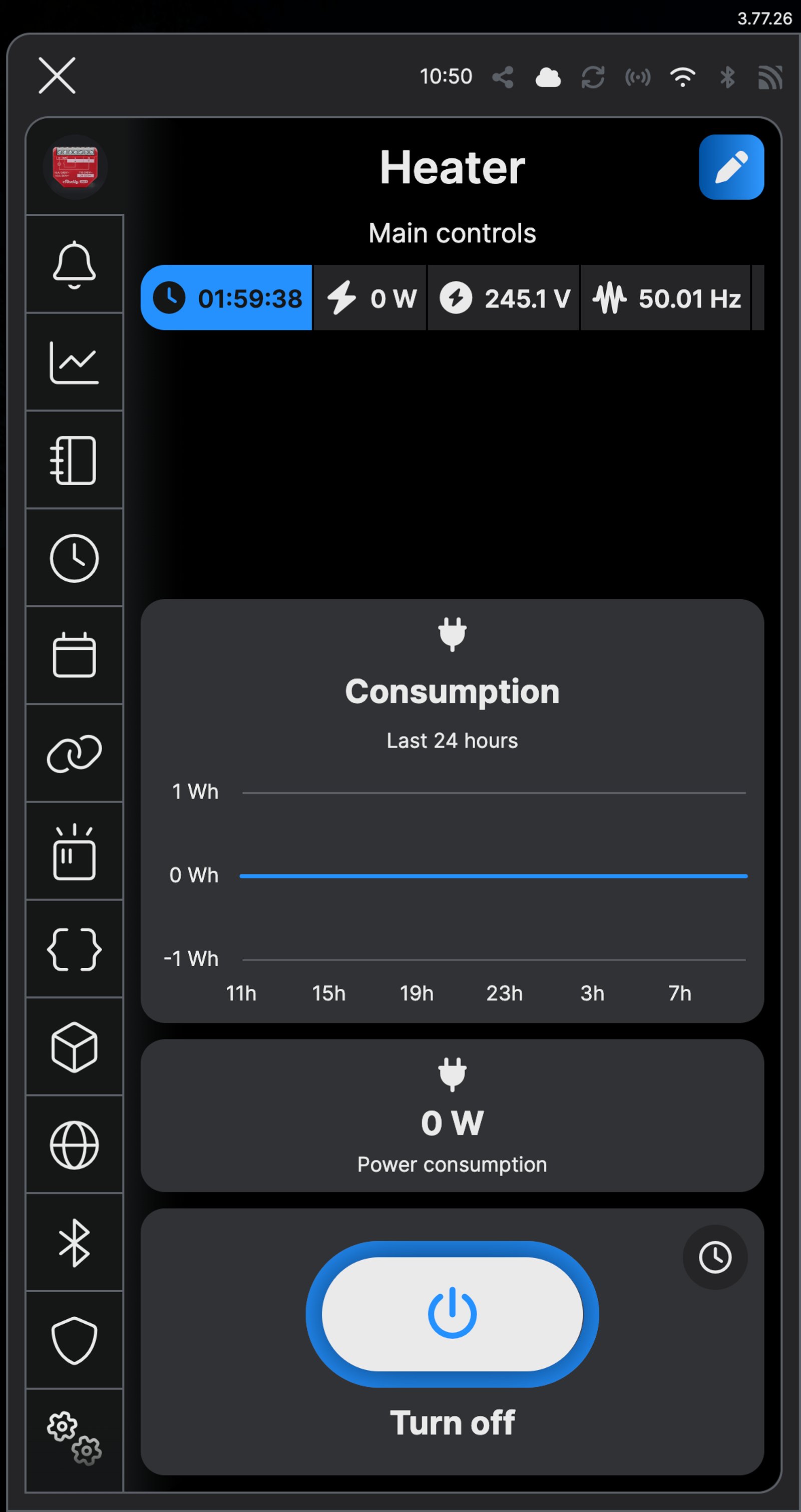 Shelly app main controls for a device named Heater, switched on, with the auto off countdown at 01:59:51.