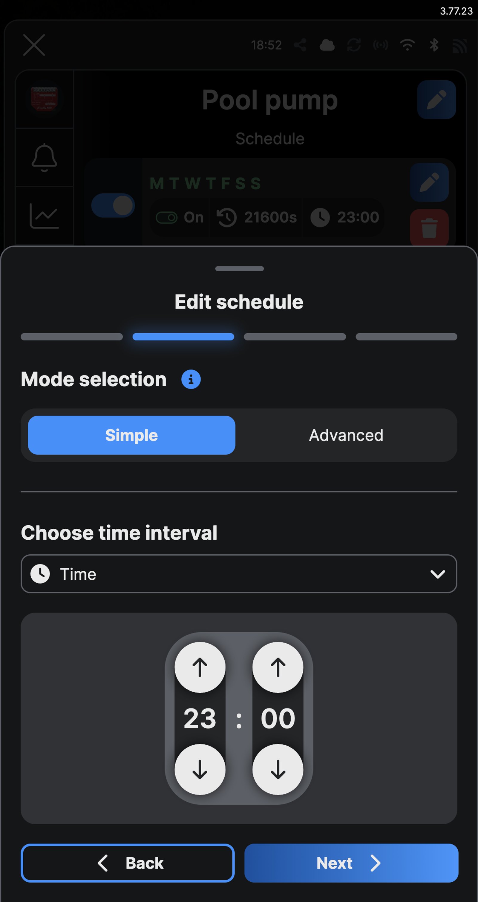 Shelly app Edit schedule screen for a Shelly 1PM Gen4 named Pool pump, with Time chosen and set to 23:00.