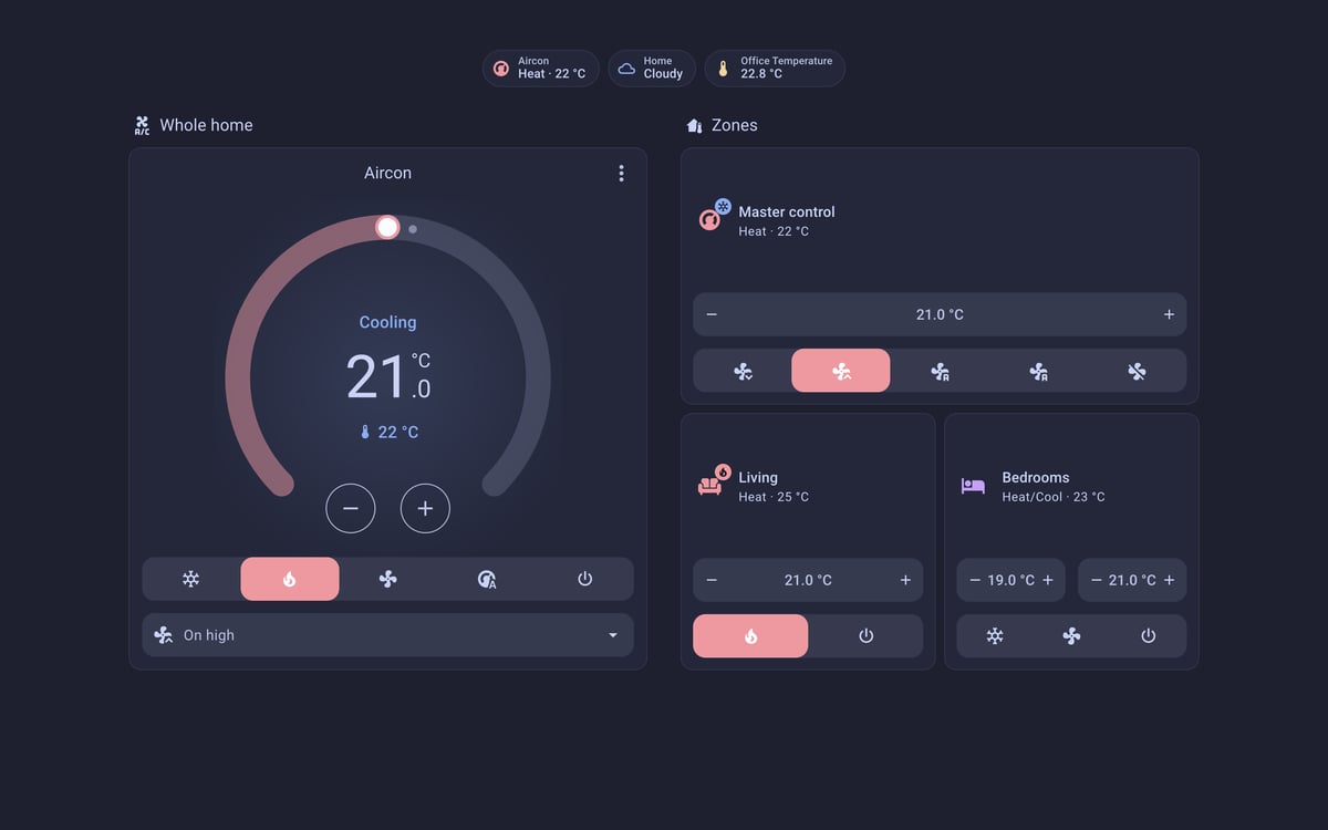 Home Assistant aircon lab dashboard running the Catppuccin theme (Macchiato), on desktop
