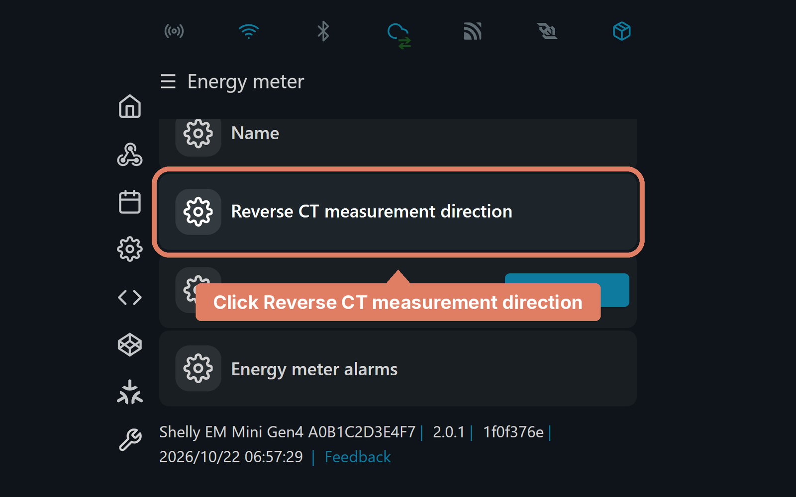 The Shelly EM Mini Gen4 web page's settings, with Reverse CT measurement direction marked