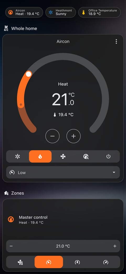 Home Assistant aircon lab dashboard running the Frosted Glass theme (Lite dark), on a phone