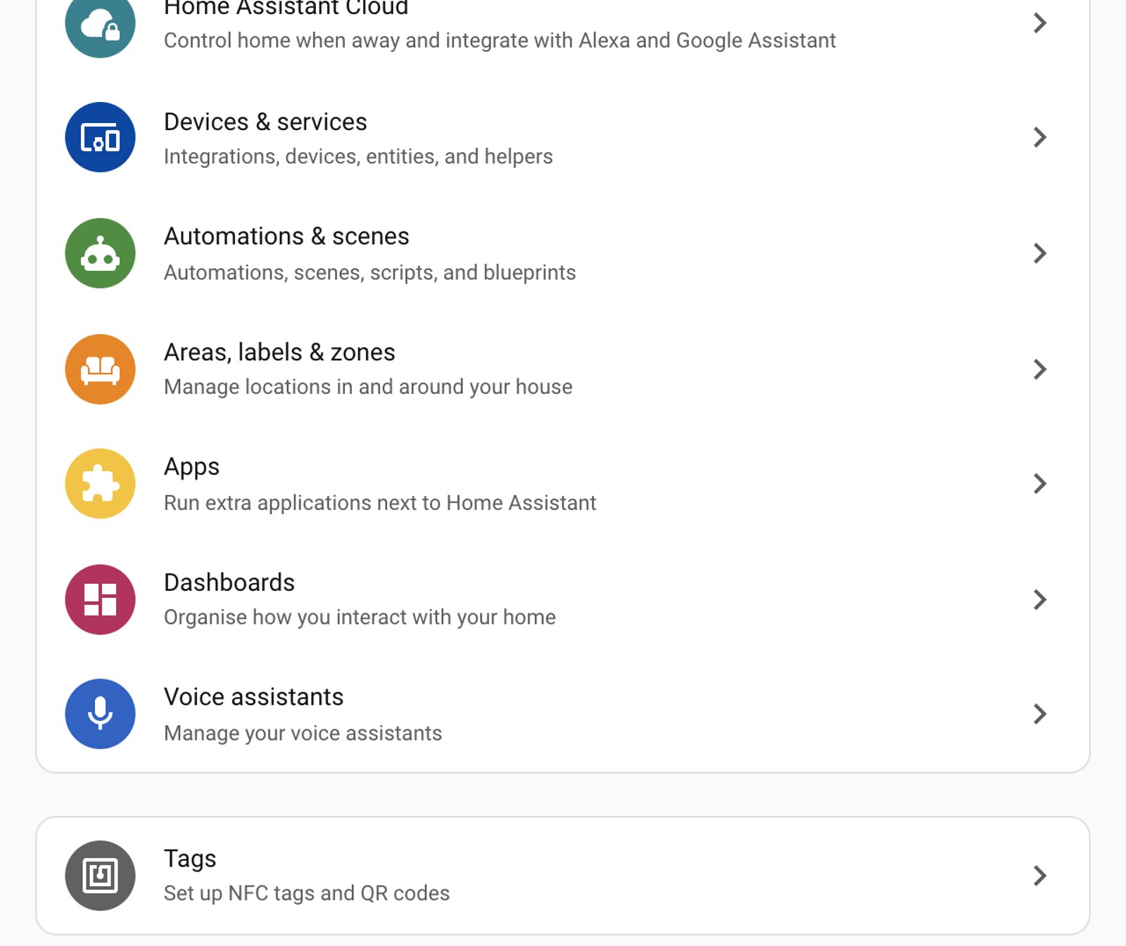 The Home Assistant 2026.8 settings menu, with Tags in a separate card of its own below Dashboards