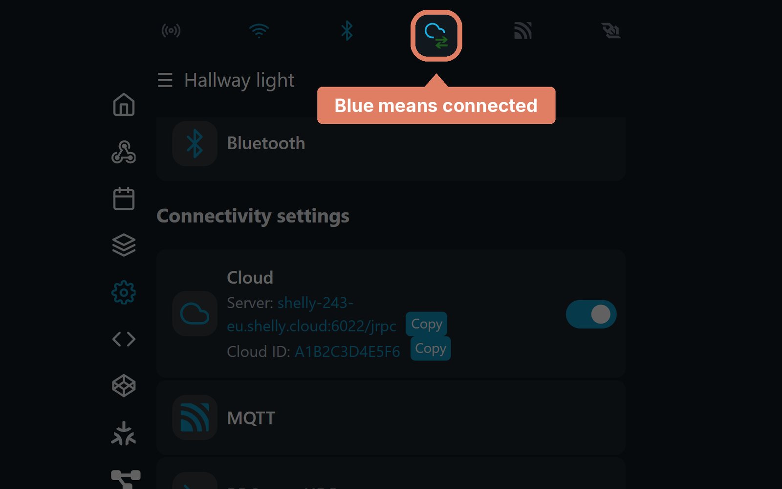 The Shelly web page's header, with the cloud status icon marked, blue for connected