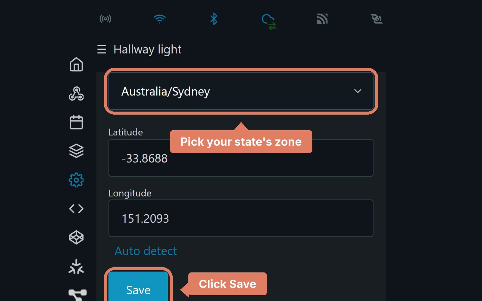 The Shelly web page's Location and time settings, with Timezones and Save marked
