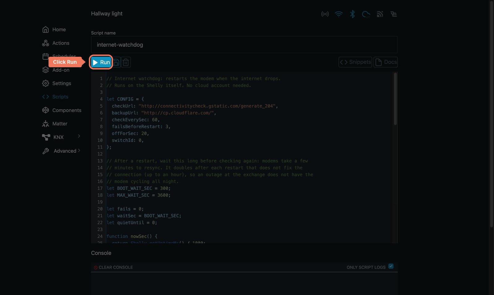 Shelly web interface script editor after saving, with the Run button marked above the code