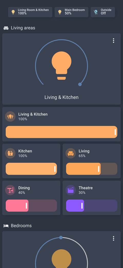 Home Assistant lights lab dashboard running the Nordic theme (Blue dark), on a phone
