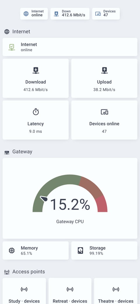 Home Assistant network lab dashboard running the Nordic theme (Blue light), on a phone