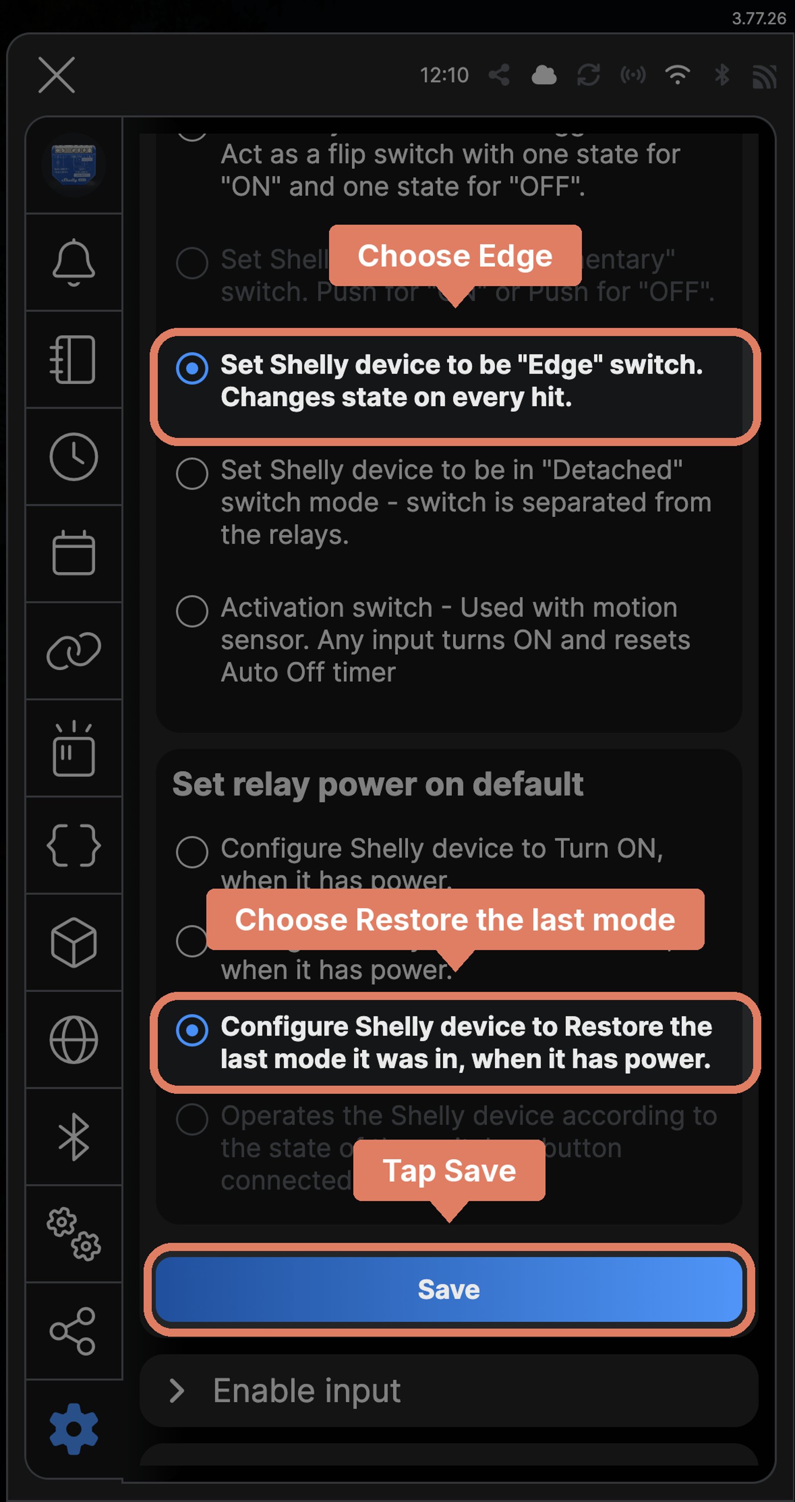 Shelly app Input/output settings for a relay named Hallway light, with Edge and Restore the last mode chosen, and Save marked.