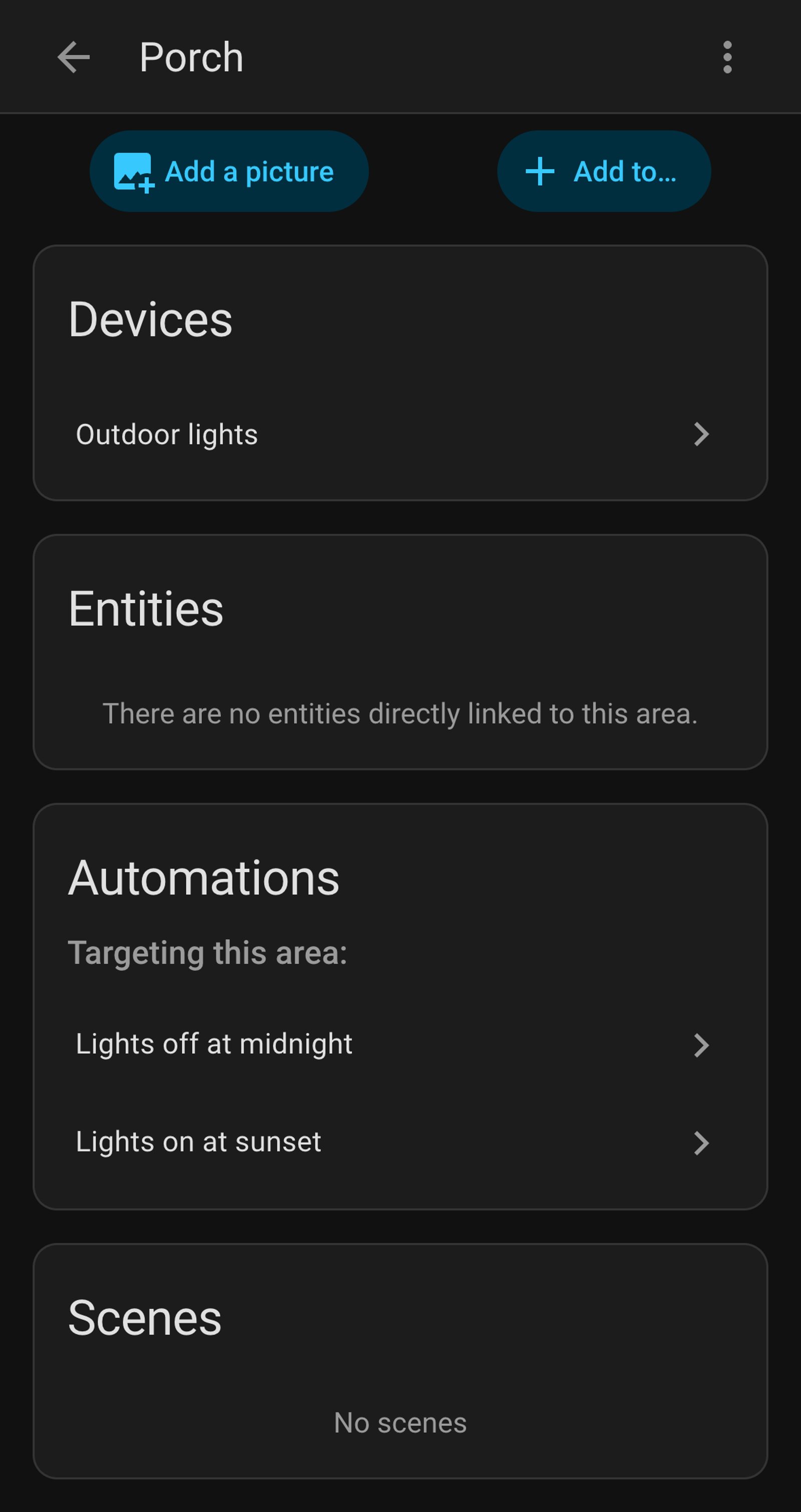 Home Assistant Porch area with the Outdoor lights device and two automations, Lights off at midnight and Lights on at sunset.