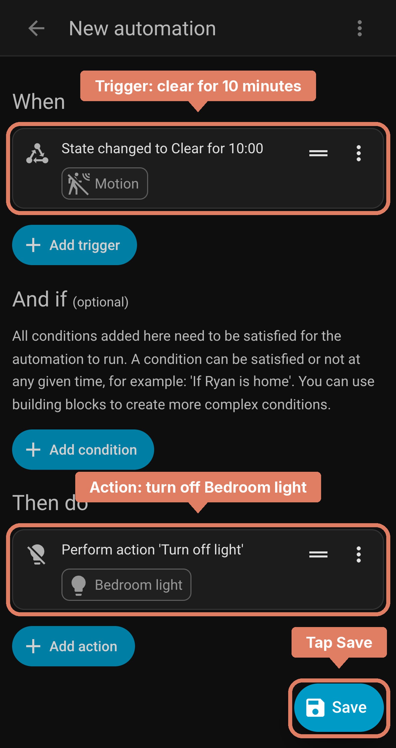 Home Assistant new automation before saving: motion clear for 10 minutes, turn off Bedroom light, with each part labelled and Save marked.